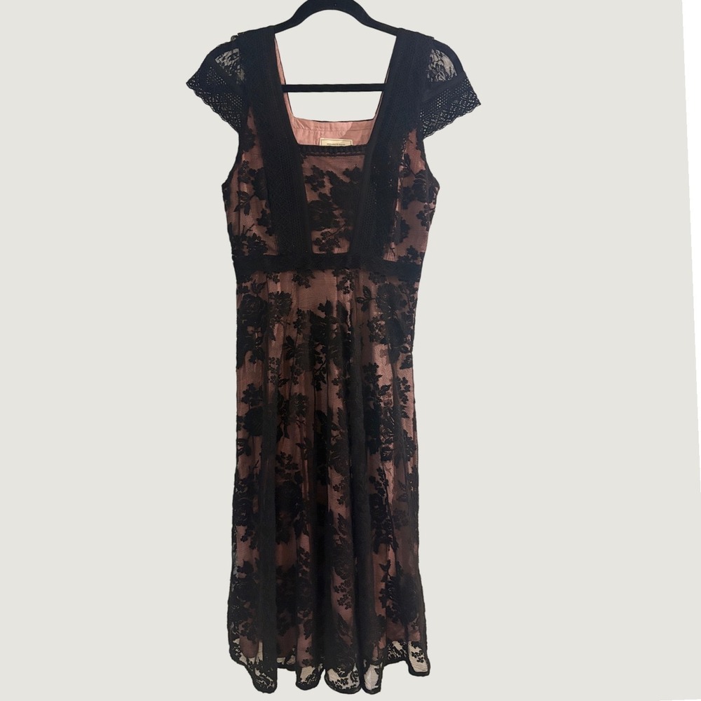 Moulinette Soeurs Malia Anthropologie Black Lace Pink Midi Dress Cap Sleeve 6